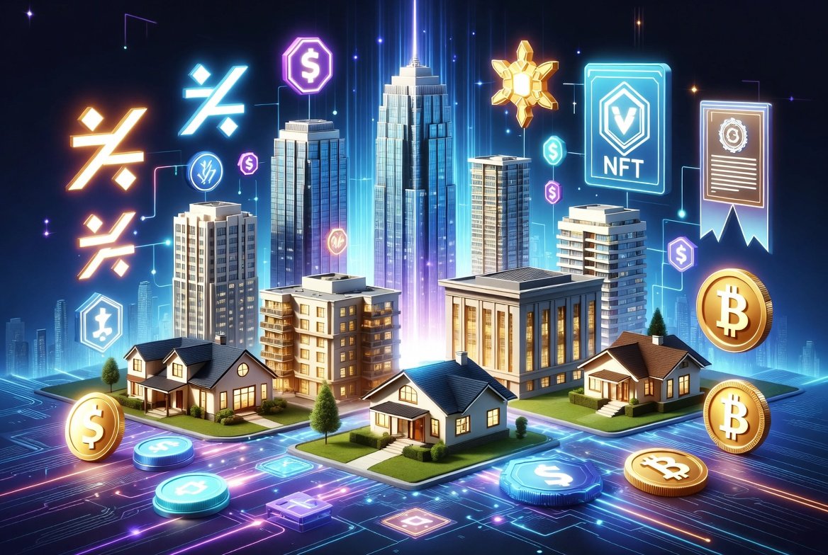 Illustration of tokenized real estate: city buildings and houses connected to blockchain tokens, NFT deeds, and digital coins